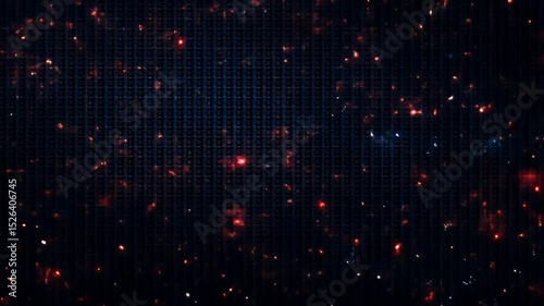 An abstract digital background with bright red and white particles on a dark grid.