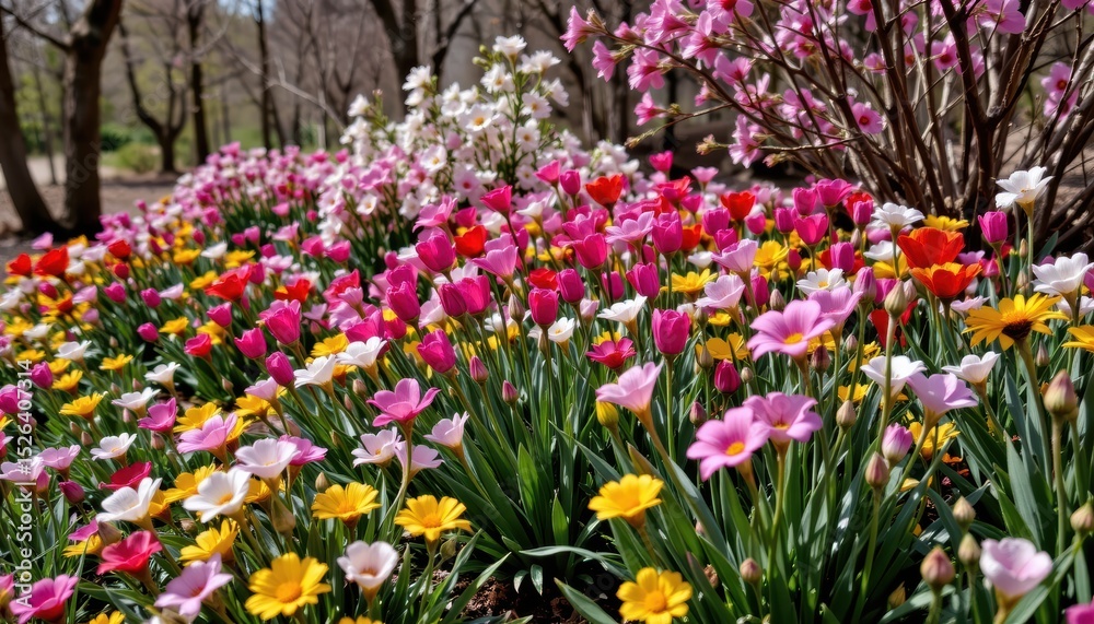 Fototapeta premium Vibrant spring flowers in full bloom, a colorful display in the park beautiful