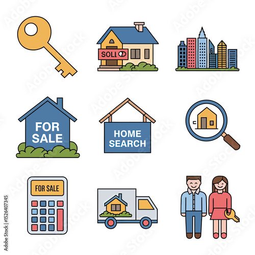 vector icons real estate business house key, symbolizing ownership new home House Sold Sign icon "Sold" sign in front, representing successful real estate 
