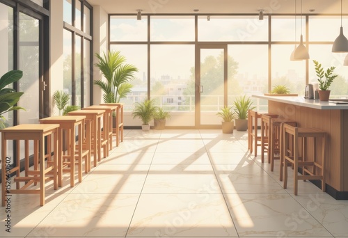 Minimalist café interior with empty stools and sunlight on tiled floor