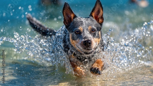 Happy Dog Runs Playing in the Ocean Water