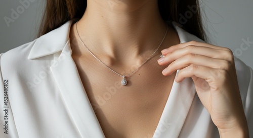 Elegant teardrop pendant adorning a womans neckline