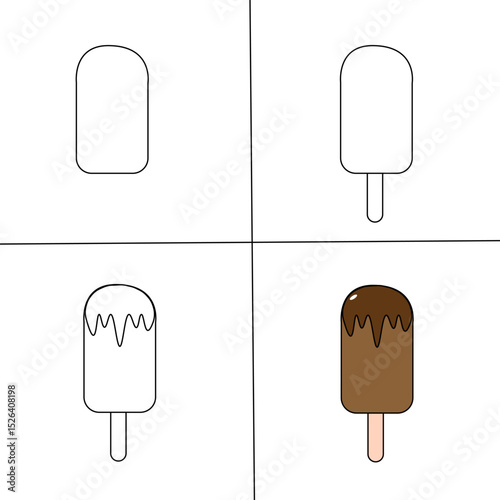 Step-by-Step Flat Vector Illustration of Chocolate Ice Cream Bar – Line to Color Tutorial Icon for Food Design Learning