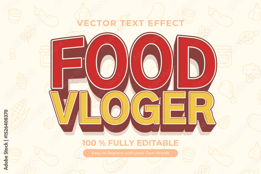 Obraz premium Editable Food Vlogger Text Effect Template with food doodle pattern
