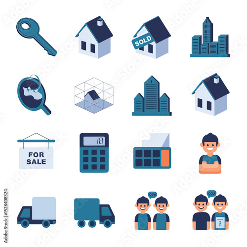 vector icons real estate business house key, symbolizing ownership new home House Sold Sign icon "Sold" sign in front, representing successful real estate 
