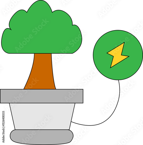 Eco Energy Concept Vector Illustration of Tree Generating Electricity in Pot, Symbolizing Green Power and Sustainability