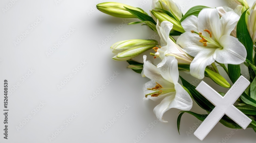 Obraz premium White Lilies and Cross on White Background Display