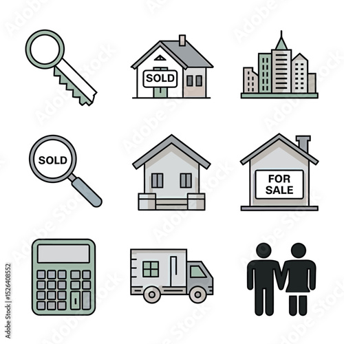 vector icons real estate business house key, symbolizing ownership new home House Sold Sign icon "Sold" sign in front, representing successful real estate 
