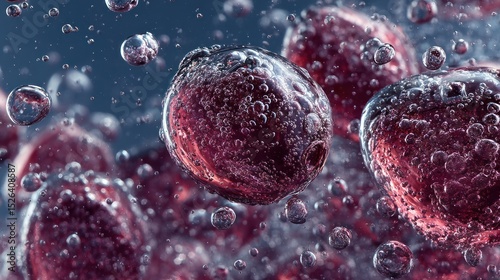 Microscopic world: Red globules encased in myriad bubbles, a dreamy landscape