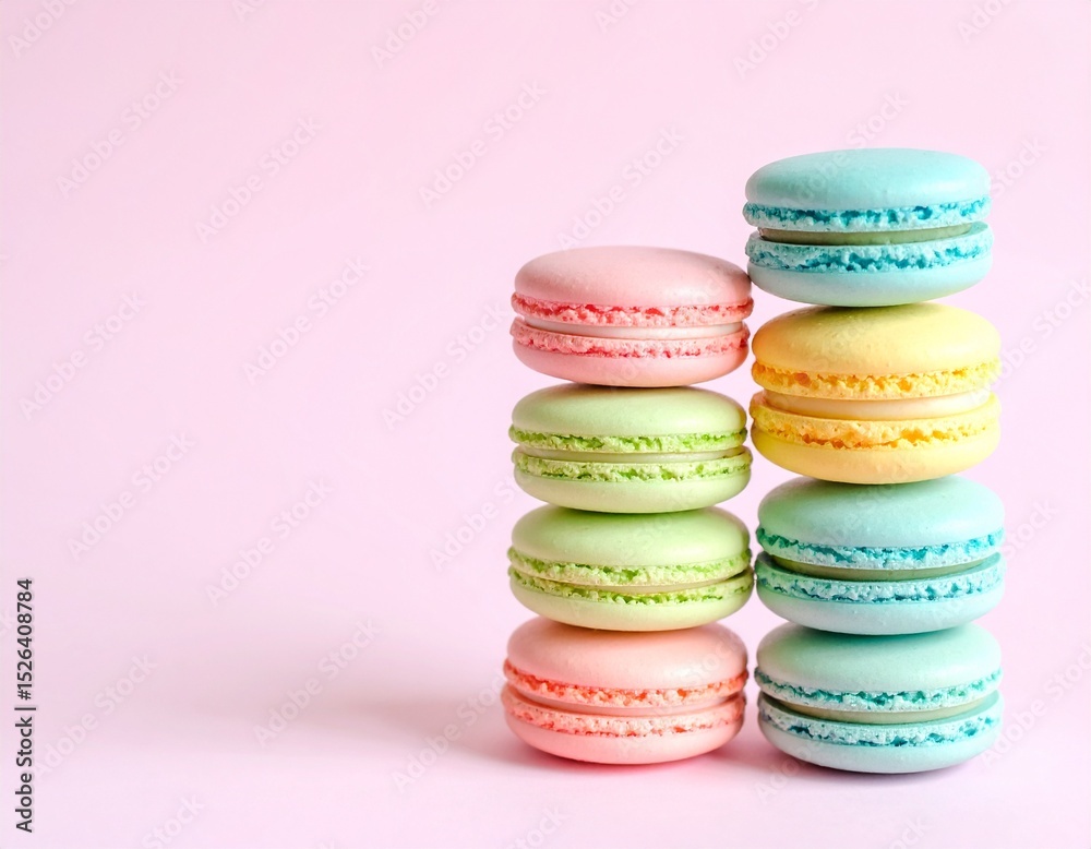 Colorful macarons stacked by hue on pastel background Colorful macarons stacked by hue on pastel background