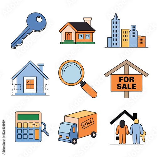 vector icons real estate business house key, symbolizing ownership new home House Sold Sign icon "Sold" sign in front, representing successful real estate 
