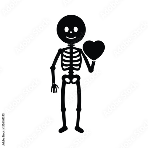 Skeleton Holding Heart Illustration in Black and White