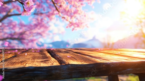 Cherry blossom trees in full bloom near a wooden table at sunset