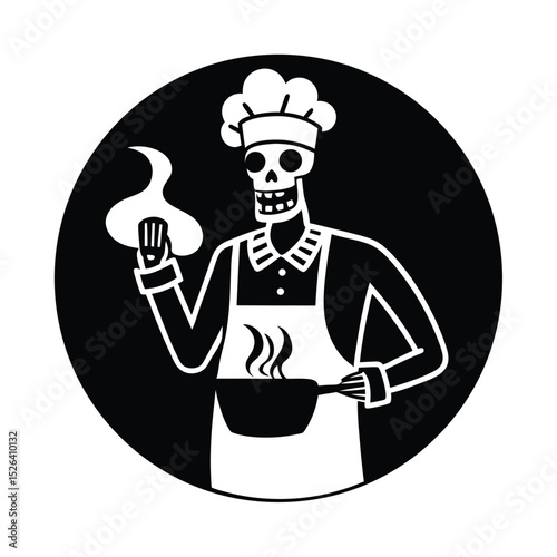 Skeleton Chef Cooking in a Black Circle