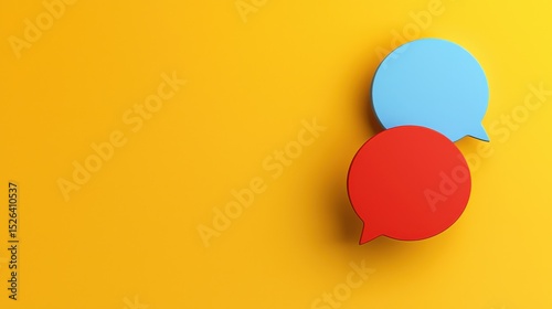 Colorful speech bubbles on vibrant yellow background representing communication concepts and dialogue exchange, suitable for design use