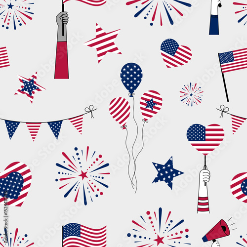 Seamless pattern with American flags, balloons, garlands, stars, hearts, and diverse hands holding flags and a megaphone, perfect for celebrating Independence Day with unity and joy.