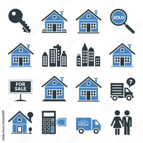 vector icons real estate business house key, symbolizing ownership new home House Sold Sign icon "Sold" sign in front, representing successful real estate 

