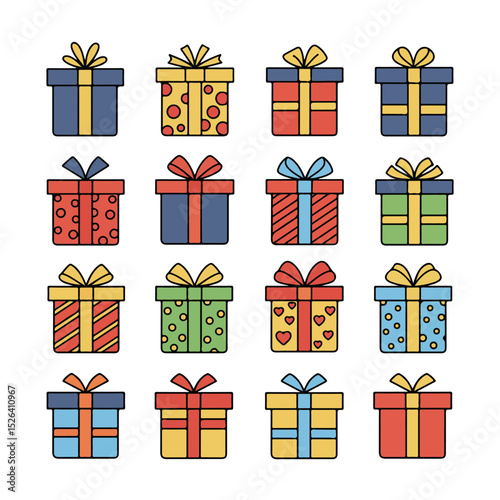Colorful Gift Box Icons A Collection of 16 Unique Designs for Presentations and Projects