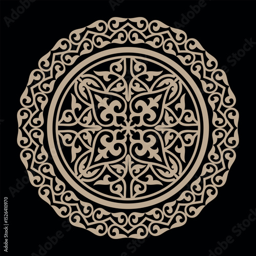 
Traditional classic gold ornament in Kazakh style isolated on white background. Oriental vector pattern. Round decor of the national pattern ancient nomad. For decoration of clothes, yurts, ceramics 