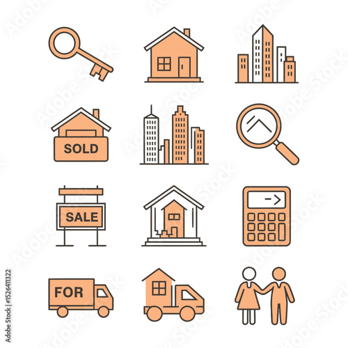 vector icons real estate business house key, symbolizing ownership new home House Sold Sign icon "Sold" sign in front, representing successful real estate 
