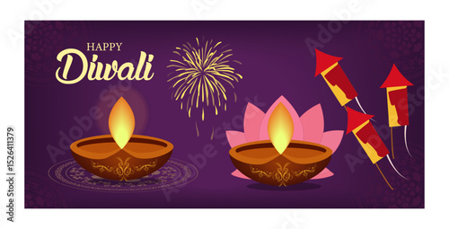 Happy Diwali Festival Vector Banner Set - Diyas, Fireworks & Lotus Illustrations-02