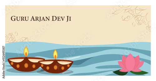 Guru Arjan Dev Ji Commemoration Vector Banner Set - Sikh Religious Graphics with Diyas, Lotus & Khanda-02