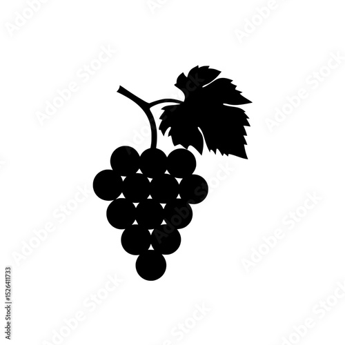 A black silhouette of a bunch of grapes with a leaf on white background on white background , no background