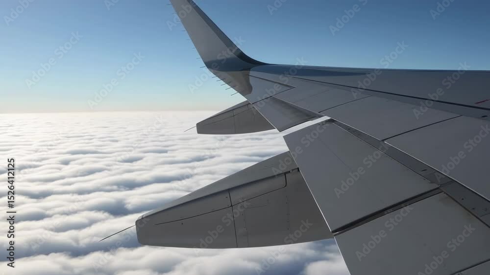 Airplane wing gliding smoothly above expansive white cloud layers, revealing serene aerial landscape capturing essence of travel and journey through boundless skies