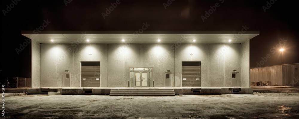Modern industrial building exterior illuminated at night with concrete facade and large entrance doors Modern industrial building exterior illuminated at night with concrete facade and large entrance doors