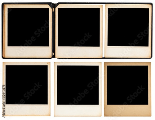 Vintage Photo Album with Six Blank Instant Photo Frames Aged and Ready for Memories