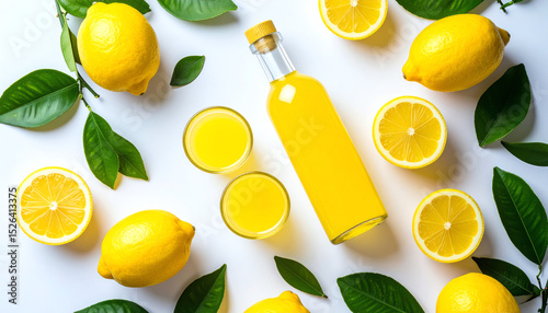 Fresh lemons with juice and leaves arranged beautifully on a white background for a vibrant summer feel.