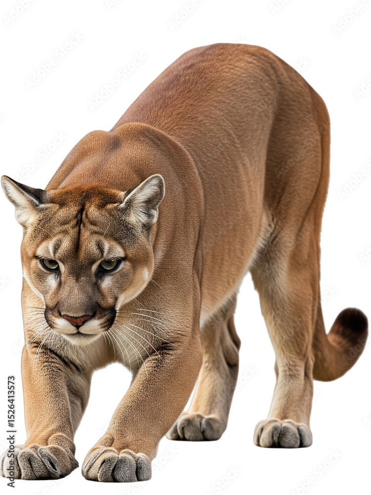 Obraz premium a cougar (mountain lion) in a stalking pose, beige-tan smooth coat and focused expression, fully visible in frame, isolated on a transparent background
