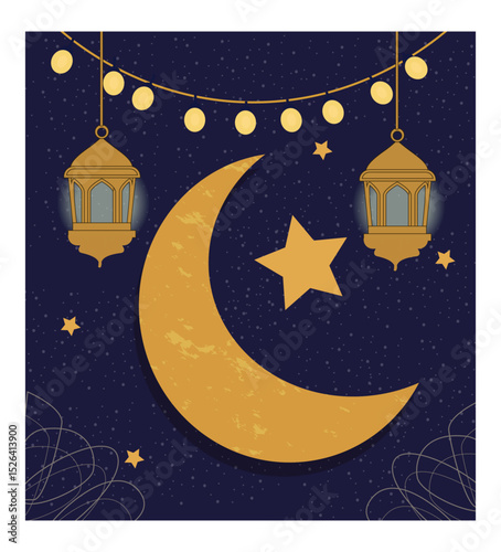 Ramadan Night Scene with Crescent Moon, Star, and Lanterns-01