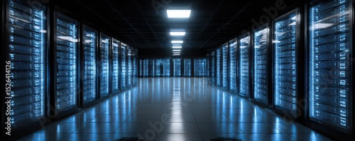 High-Tech Server Room with Blue Lighting and Multiple Data Racks for Modern Data Storage Solutions