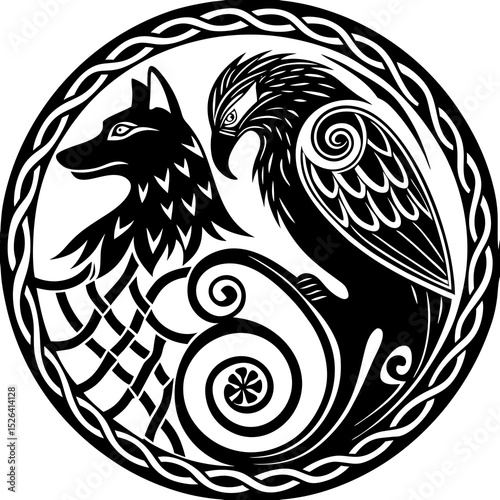 Viking Wolf & Raven Knotwork Art – Odin’s Companions Linocut