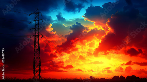 Fiery Sunset Powerline Illustration
