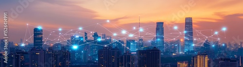 City skyline illuminated by a digital network overlay in the evening, showcasing modern technology and urban life