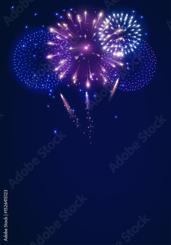 Vector shiny fireworks explosions. Pink, white and blue firecrackers. Holiday decoration for 4th of July, Christmas and New year party. Festive background for birthday invitations, wedding, diwali.