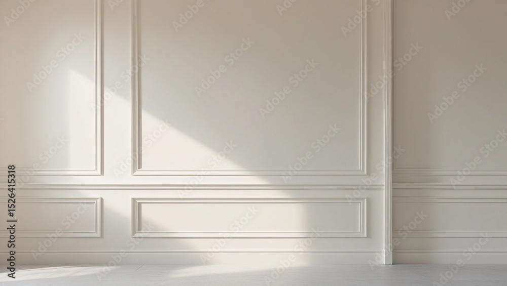 Fototapeta premium Blank white wall with modern moldings, neutral tone, no objects or sunlight