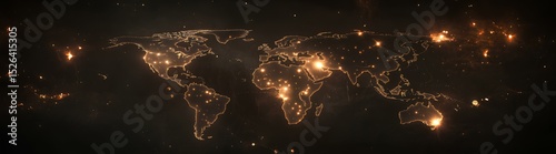 Illuminated world map showcasing global connections with bright points of light and a dark background