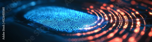 Close-up of a digital fingerprint sensor displaying intricate patterns of blue and red light in a futuristic technological environment
