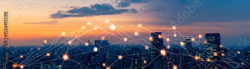 Sunset over a bustling city skyline showcasing a technology network connecting various buildings and structures