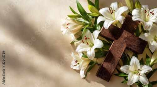 Wooden Cross and White Lily Flowers Peaceful Easter