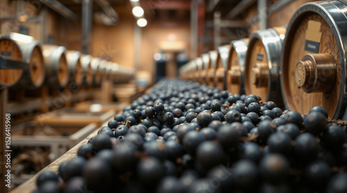 Fresh black grapes in winery cellar with wooden barrels on both sides in focus.