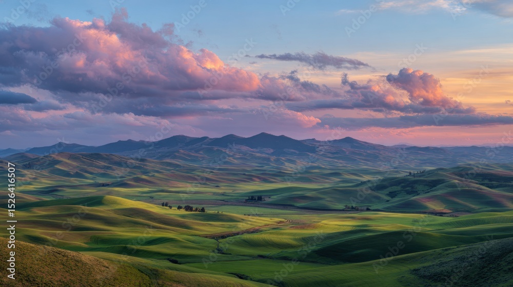 Fototapeta premium Rolling Green Hills with Dramatic Sky Scenic View