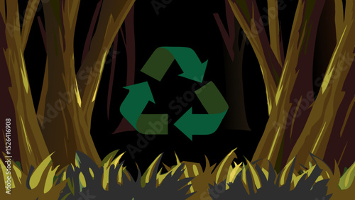 Recycling symbol surrounded by trees and grass in a dark forest  