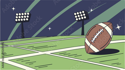Stylized football on green field under stadium lights at night  
