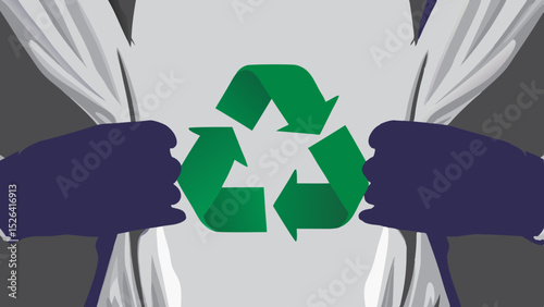 Recycling symbol revealed by hands pulling apart fabric backdrop  