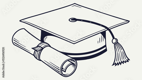 Graduation cap and diploma rolled up in illustration style  