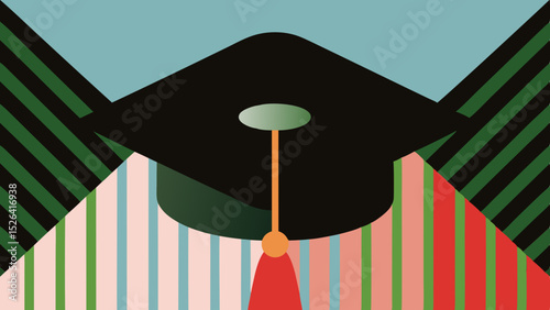Graduation cap in modern geometric design with colorful stripes  